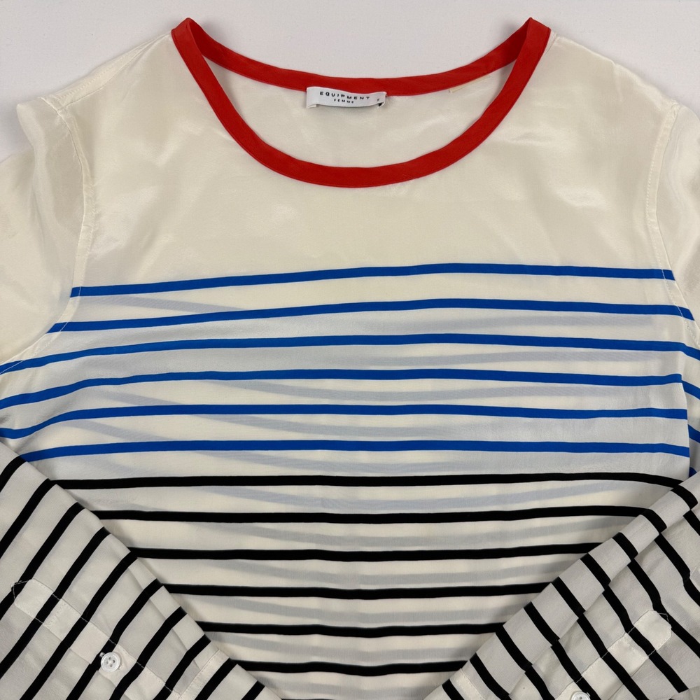 Equipment Femme 100% Silk Striped Long Sleeve Blouse Red Trim Q565B-E315G Small - Picture 5 of 11